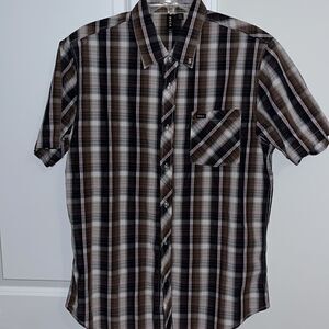 Casual plaid SS RVCA Cotton Blend button down pocket casual work shirt Slim L